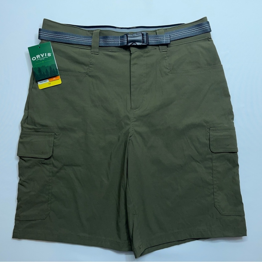Orvis Tech Belted Cargo Shorts Mens Size 32 Olive Green Nylon Stretch Hiking NEW